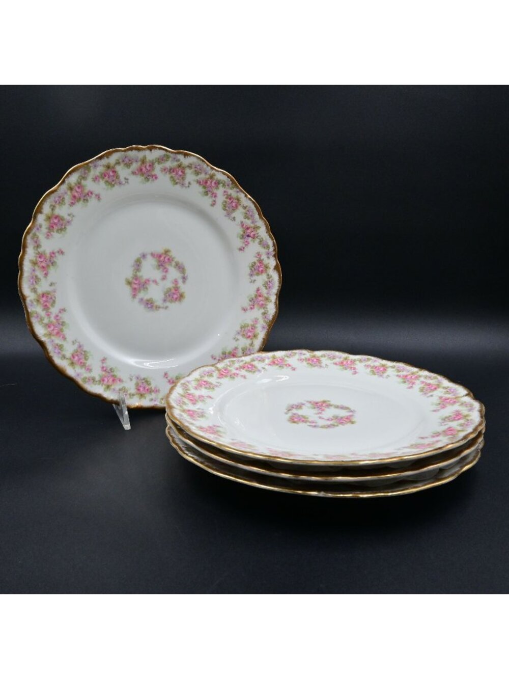Limoges Elite Works Pink Roses Dinner Plates 10" Set of 4 Gold Trim France